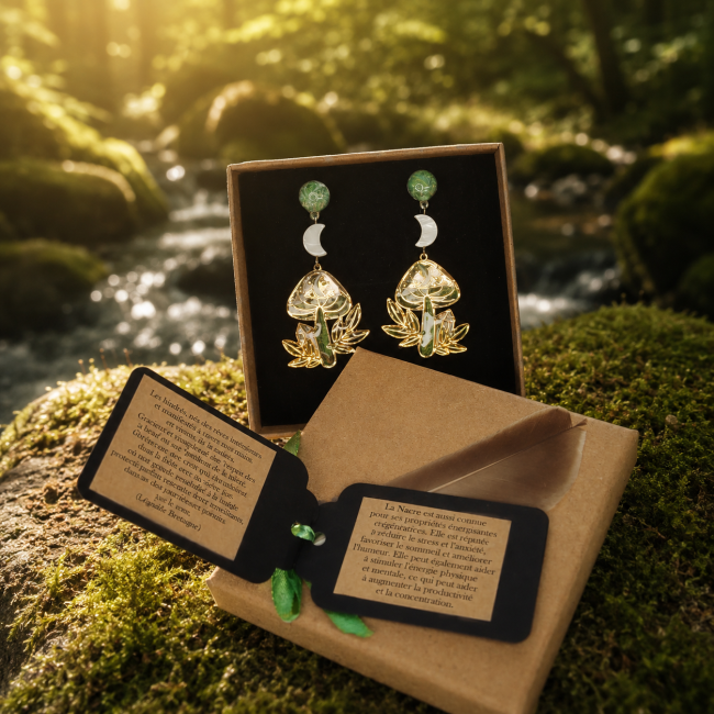 Murmures des Sous-Bois — Écrin, carte d’identification et traditions de la nacre Écrin des boucles d’oreilles Murmures des Sous-Bois avec cartes d’identification et des traditions associées à la nacre