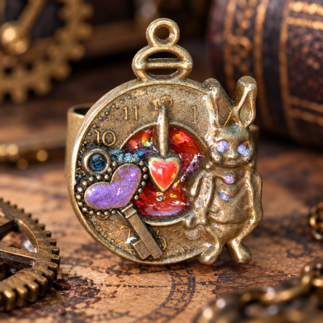 Gros plan sur les détails de la bague Le Retard du Lapin Blanc : cadran d’horloge, lapin blanc, cœur et éléments décoratifs aux couleurs éclatantes.