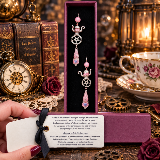 Le Thé de Minuit – Certificat et calcédoine rose Carte d’accompagnement du bijou Le Thé de Minuit présentant son univers ainsi que la calcédoine rose et ses symboliques.