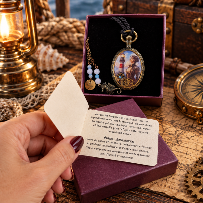 L'écrin ouvert révèle le collier La Gardienne du Dernier Phare, accompagné de son certificat et de sa carte présentant son histoire et sa gemme d'aigue-marine. Une création entièrement pensée comme une pièce unique d’artisanat d’Art.