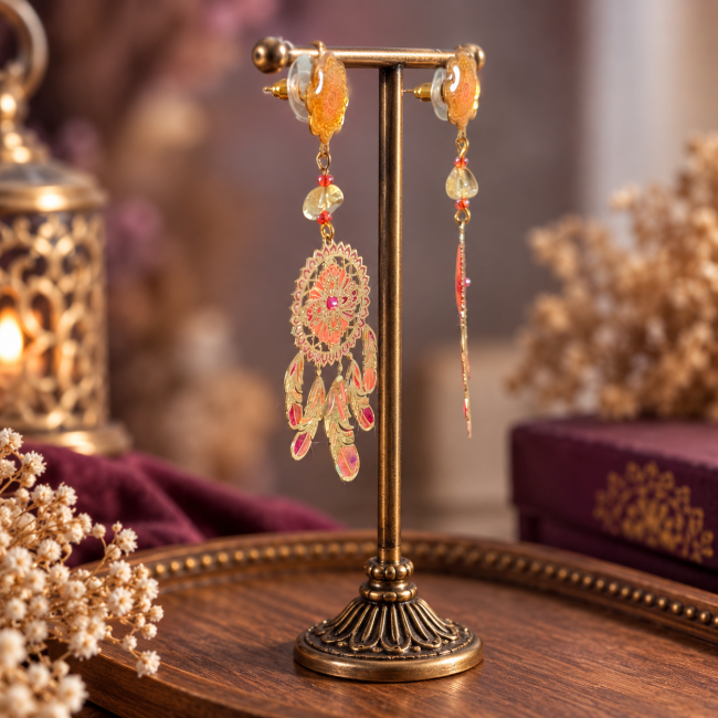 Vue arrière et de trois quarts des boucles d’oreilles Les Plumes du Couchant, création artisanale émaillée
