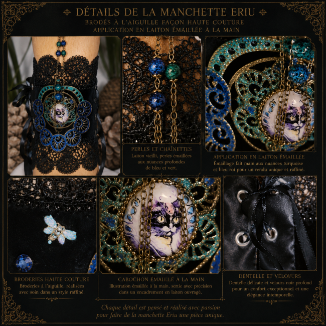 Détails de la manchette Eriu – Broderies Haute Couture et émail artisanal Collage détaillé de la manchette Eriu en dentelle noire et velours, avec broderies Haute Couture, laiton émaillé à la main et cabochon chat inspiré de la mythologie celtique.
