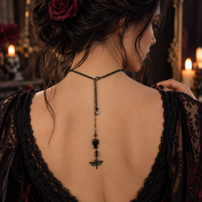 Vue arrière du collier gothique La Gardienne des Souvenirs montrant sa fermeture ajustable et sa chaîne d’ornement