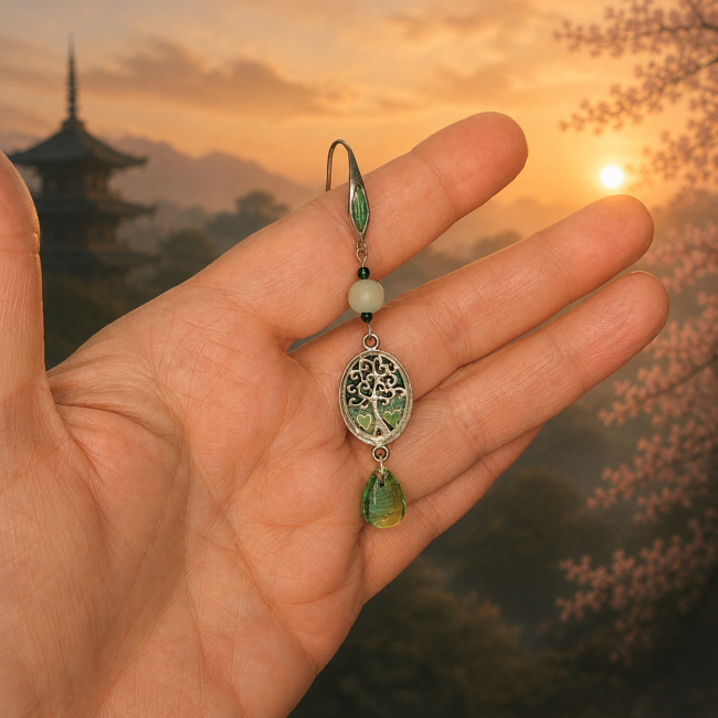 Vue réelle des boucles d’oreilles artisanales Kodama « La Sève Lunaire » dans la main. Taille, finesse et détails authentiques sublimés par une ambiance douce d’estampe japonaise.