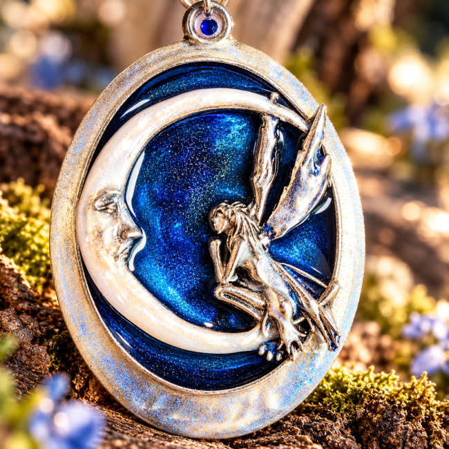 Gros plan du médaillon du collier Le Miroir aux Fées, représentant une fée assise sur un croissant de lune en relief, avec un émail nacré transparent et un fond bleu marine scintillant.