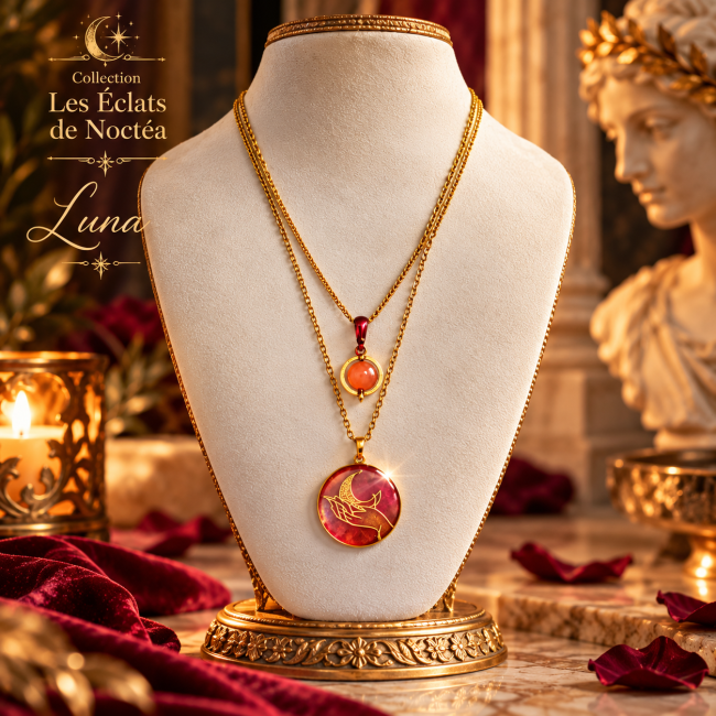 Collier Luna artisanal avec perles en andésine véritable et médaillon rouge réversible inspiré de la mythologie romaine