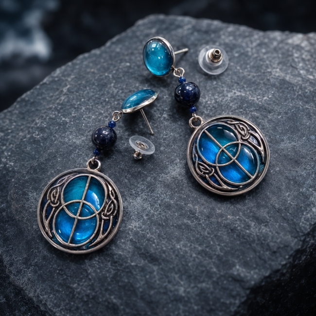 Boucles d'oreilles Njörd – Gros plan sur l'émaillage bleu translucide Découvrez l'arrière des boucles d'oreilles Njörd. Leur émaillage bleu transparent laisse subtilement passer la lumière à travers le pendentif, révélant toute la finesse du travail artisanal et la profondeur des teintes océaniques.