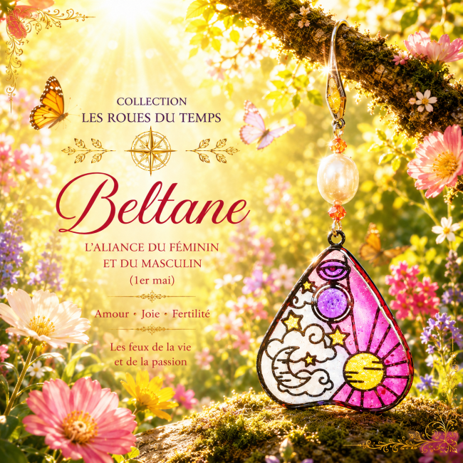 Création artisanale inspirée du sabbat de Beltane, ces boucles d’oreilles de la collection Les Roues du Temps célèbrent l’union du féminin et du masculin à travers un délicat émaillage transparent façon vitrail. Présenté dans une ambiance mystique et flor