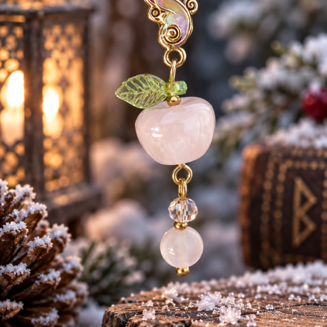 Pomme rose et quartz rose – Détail du Fruit d’Éternité Détail de la pomme en résine rose pâle, du quartz rose et des petites perles dorées sur Le Fruit d’Éternité