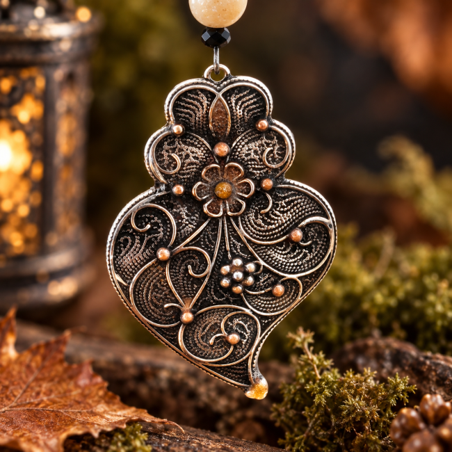 Gros plan sur les gravures florales, les détails du métal et l’émaillage artisanal qui donnent au pendentif son caractère précieux.