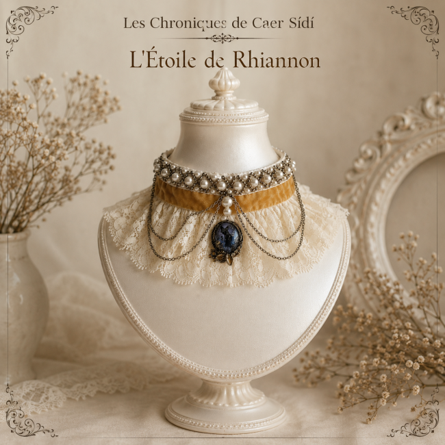 Présentation du collier tour de cou L’Étoile de Rhiannon, création textile haute couture associant velours mordoré, véritable dentelle de Calais ivoire, perles nacrées brodées et chaînettes en acier inoxydable argenté.
