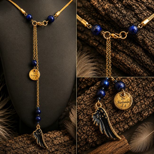 Détails fermeture du collier Isis Souffle du Ciel avec lapis-lazuli, chaîne d'embellissement dorée, médaille signature et aile émaillée bleu nuit inspirée de l’Égypte antique.