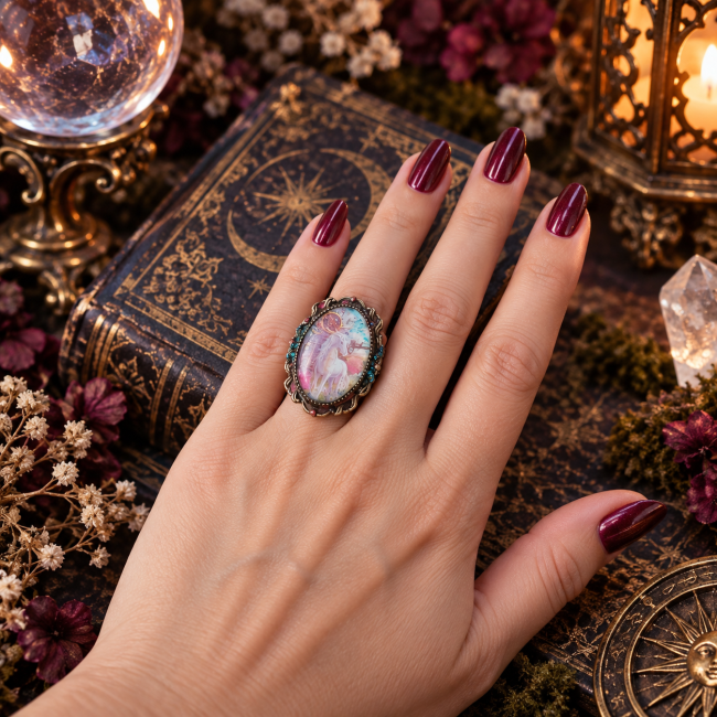 Femme portant la bague La Licorne des Lunes Perdues de la collection Les Royaumes de l’Entre-Rêve