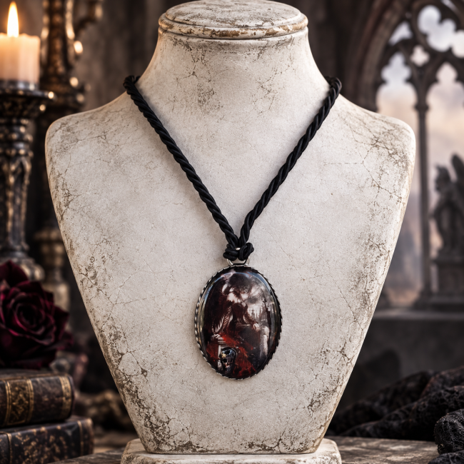 Collier gothique artisanal Le Requiem de Rosamund présenté sur buste, médaillon unique, onyx et cordon torsadé noir satiné.