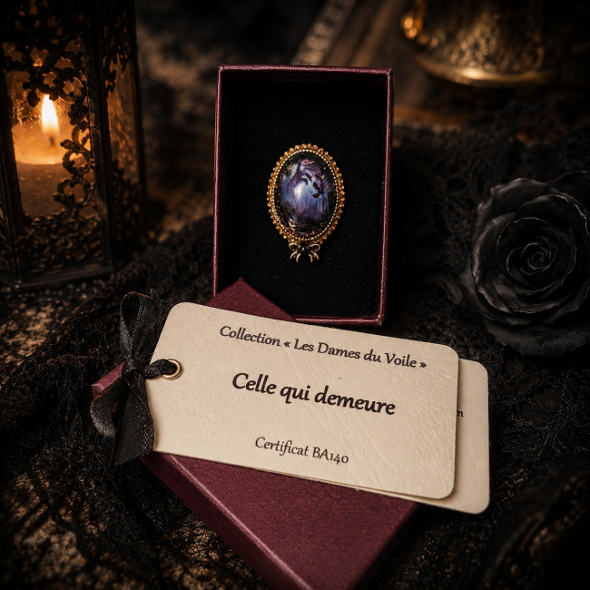 Bague gothique Celle qui demeure présentée dans son écrin avec sa carte d'identification et son certificat d'authenticité BA140, dans une ambiance sombre et élégante.