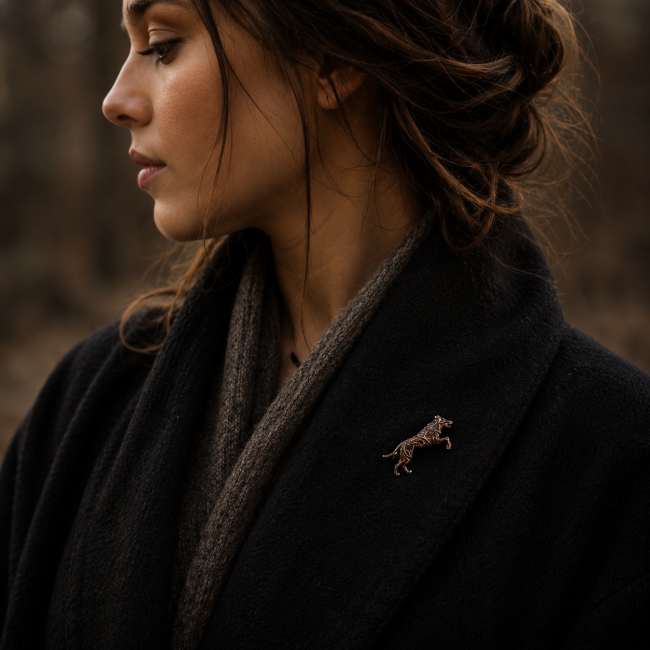 Femme portant une broche artisanale représentant Sköll, le loup du Ragnarök, fixée sur un manteau sombre dans une ambiance nordique douce et mystique.