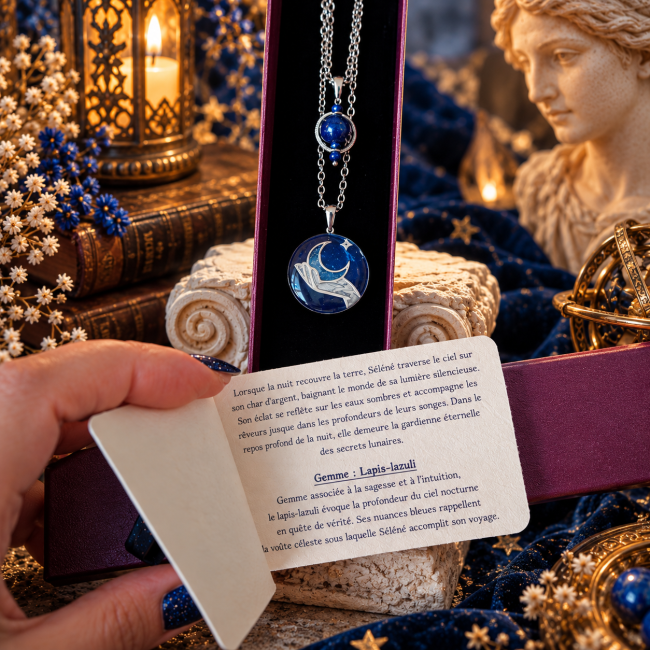 Carte de présentation du collier Séléné avec sa légende nocturne et les informations symboliques du lapis-lazuli.