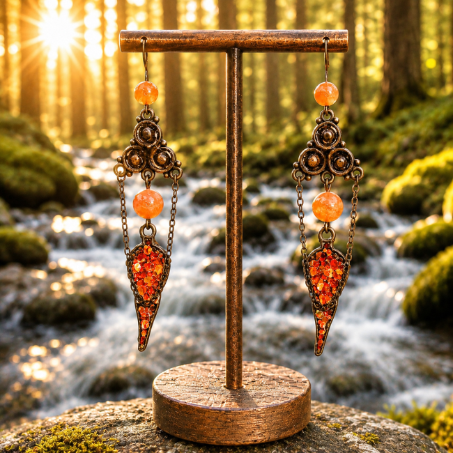 Vue arrière des boucles d’oreilles Le Veilleur des Runes, collection Hrafnseiðr, dévoilent leur silhouette complète émaillage scintillant artisanal dans une forêt traversée par une rivière lumineuse. Un bijou artisanal nordique mêlant bronze vieilli, pier