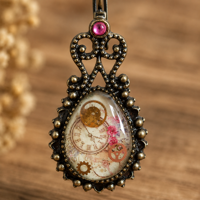 Détail du cabochon – Les Souvenirs d'Éléonore Détail du cabochon des boucles d'oreilles Les Souvenirs d'Éléonore avec véritables rouages d'horlogerie sur fond pastel