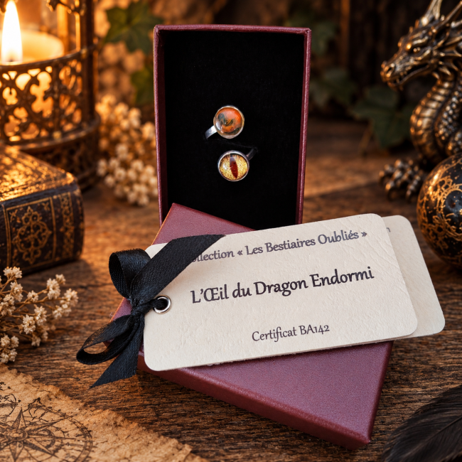 Présentation de la bague artisanale L’Œil du Dragon Endormi dans son écrin, accompagnée de sa carte d’identification et de son certificat, dans un univers médiéval fantastique.
