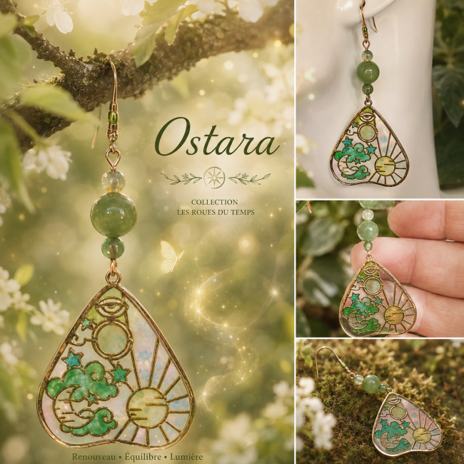 Création visuelle féerique mettant en scène les boucles d’oreilles artisanales “Ostara” de la collection Les Roues du Temps. Inspiré des mythologies wicca et du renouveau du printemps, ce collage mêle lumière dorée, végétation enchantée et détails délicat