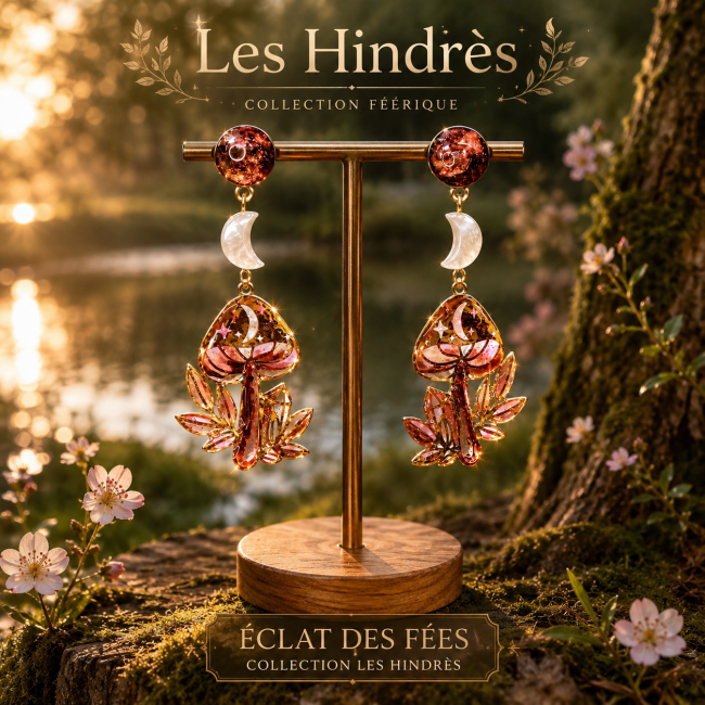 Boucles d’oreilles L’Éclat des Fées de la collection Les Hindrès, création artisanale inspirée de Brocéliande, avec nacre et émaillage façon vitrail