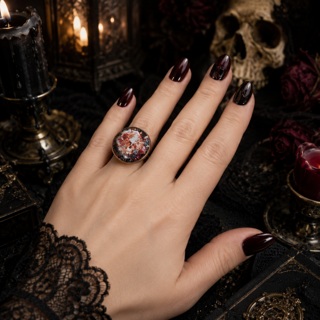 Bague gothique femme L’Artefact du Seidr portée sur la main, cabochon crâne rouge bleu scintillant