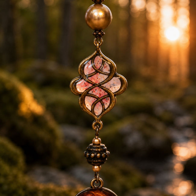Macro photographique des détails émaillés des nœuds celtiques de La Source d’Ambre. Texture artisanale, lumière dorée et inspiration mythologie nordique.