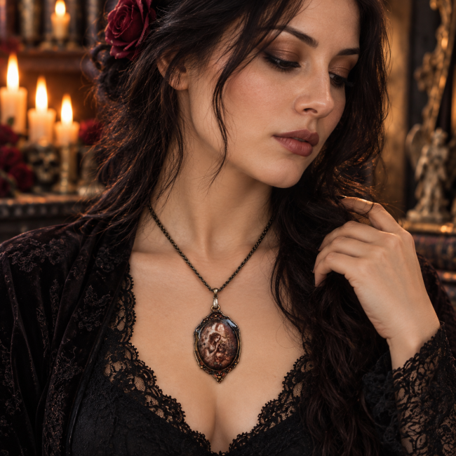 La Gardienne des Souvenirs portée par une femme, collier gothique artisanal à fermeture ajustable