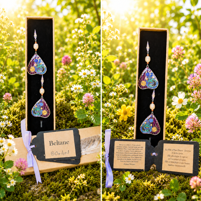 Boucles d’oreilles Beltane de la collection Les Roues du Temps, bijoux artisanaux inspirés des sabbats celtiques. Présentation dans un packaging raffiné avec cartes d’identification et ambiance nature magique baignée de lumière estivale.