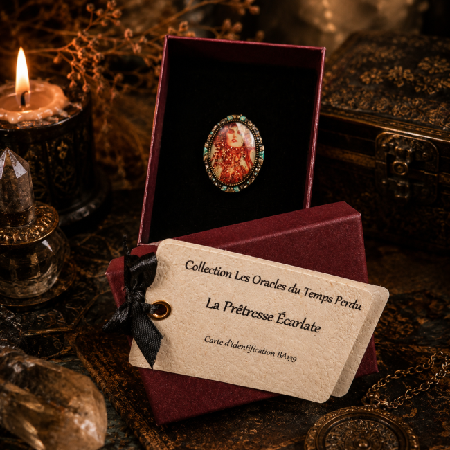 La Prêtresse Écarlate présentée dans son écrin, accompagnée de sa carte d’identification, au cœur d’un décor mystique inspiré des anciens cabinets d’alchimie.