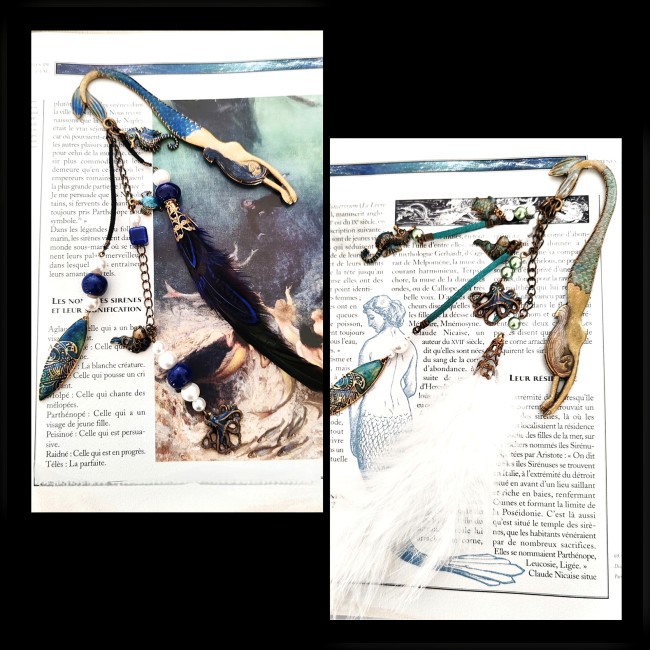 Marque-page sirène artisanal Terpsichore Molpé en laiton émaillé avec plumes et breloques marines