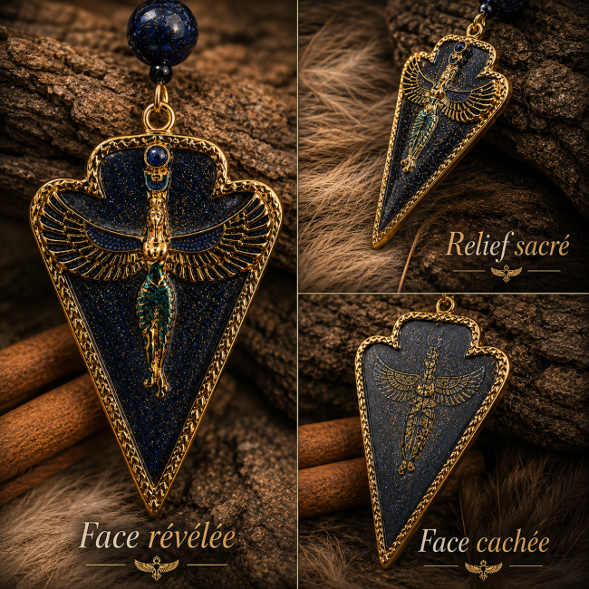 Détails du collier Isis Souffle du Ciel avec pendentif bleu nuit et or translucide en lapis-lazuli, relief sacré et face cachée inspirés de l’Égypte antique.