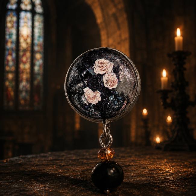Zoom sur un cabochon floral des boucles d’oreilles Lucerna Mortis avec roses blanches et noires dans une cathédrale gothique éclairée à la bougie.