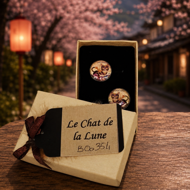 Coffret cadeau boucles d’oreilles Le Chat de la Lune cabochon émaillé Boucles d’oreilles cabochons émaillés Le Chat de la Lune présentées dans un élégant coffret cadeau artisanal. Une création féline poétique inspirée des nuits japonaises et des cerisiers en fleurs.