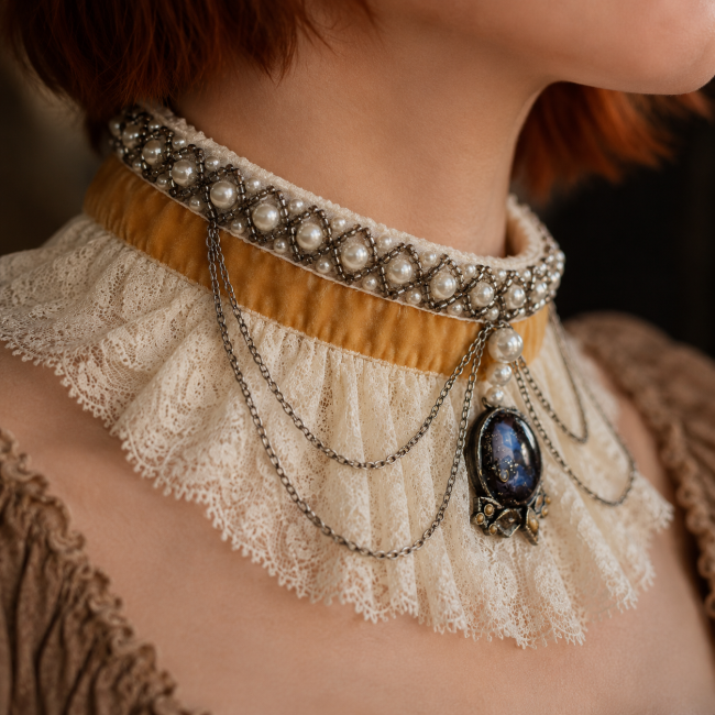 Détail de profil du tour de cou L’Étoile de Rhiannon mettant en valeur la précision des finitions, les superpositions de dentelle, les textiles et le travail de couture artisanal.