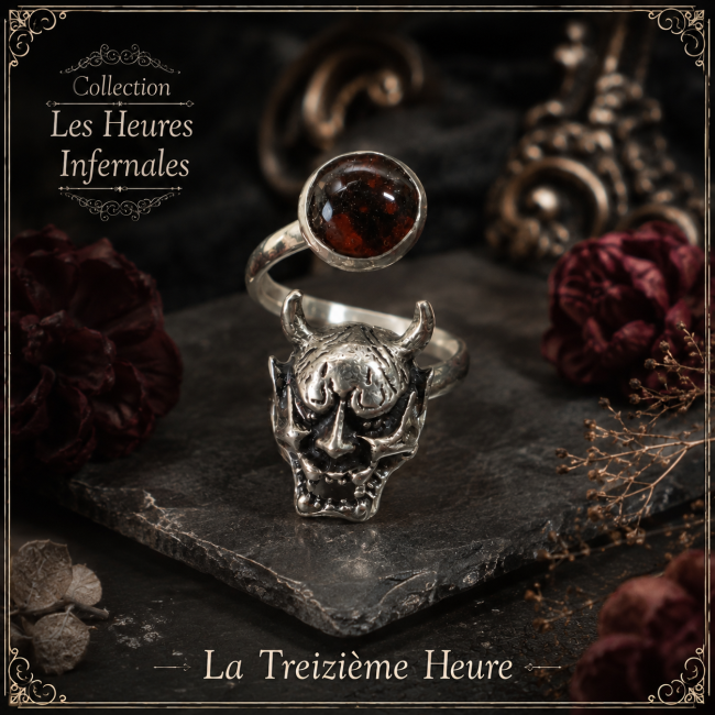 Présentation de La Treizième Heure, une création artisanale gothique au caractère mystique, ornée de deux cabochons rouge et noir émaillés à la main et d’une tête de démon sculptée. Une pièce singulière signée Les Fantaisies d’A.