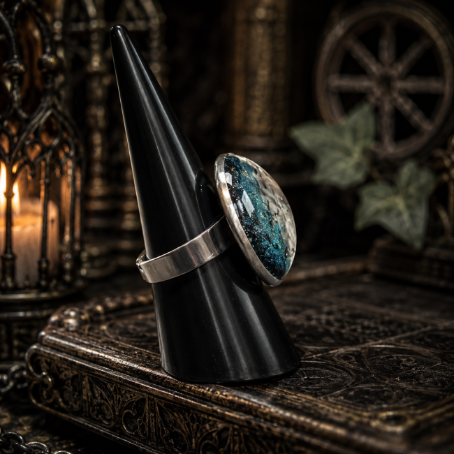 Vue de profil de la bague La Crypte de Mélusine et de son cabochon bombé