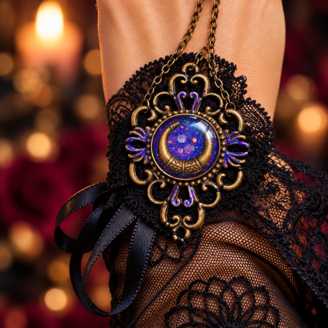 Détail du grand ornement victorien en laiton vieilli du Talisman de Lady Ashcombe avec cabochon émaillé lilas aux scintillances multicolores