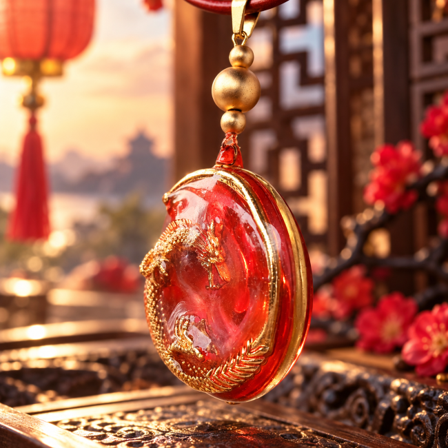 Vue de profil du médaillon dragon Ao Chin rouge et doré montrant son relief et son épaisseur