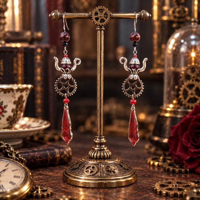 Boucles d’oreilles Les Tasses de la Reine Rouge – Vue arrière Vue arrière des boucles d’oreilles Les Tasses de la Reine Rouge, création steampunk de la collection Les Merveilles d’Alice. Cette image permet d’apprécier les détails, les assemblages et la structure du bijou sous un autre angle.