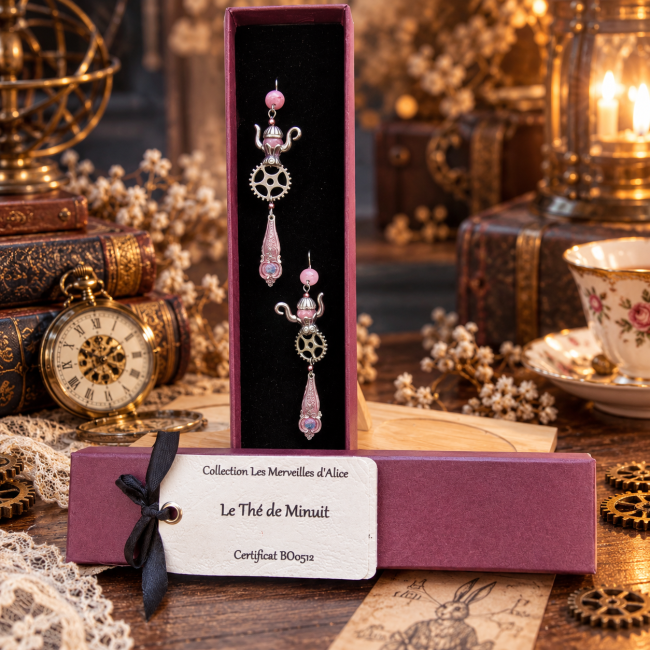 Le Thé de Minuit – Boucles d’oreilles dans leur écrin Les boucles d’oreilles Le Thé de Minuit présentées dans leur écrin, accompagnées de leur carte d’identification et de leur certificat BO0512, prêtes à offrir.