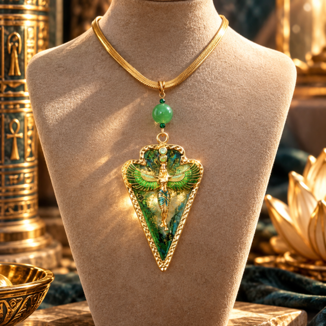 Collier Isis La Sève de Vie présenté sur buste, pendentif inspiré de la déesse Isis et de la mythologie égyptienne