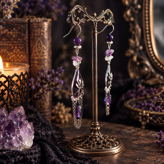 Boucles d’oreilles gothiques La Toile de Clotho vues de trois quarts, ornées d’améthyste et d’émail transparent