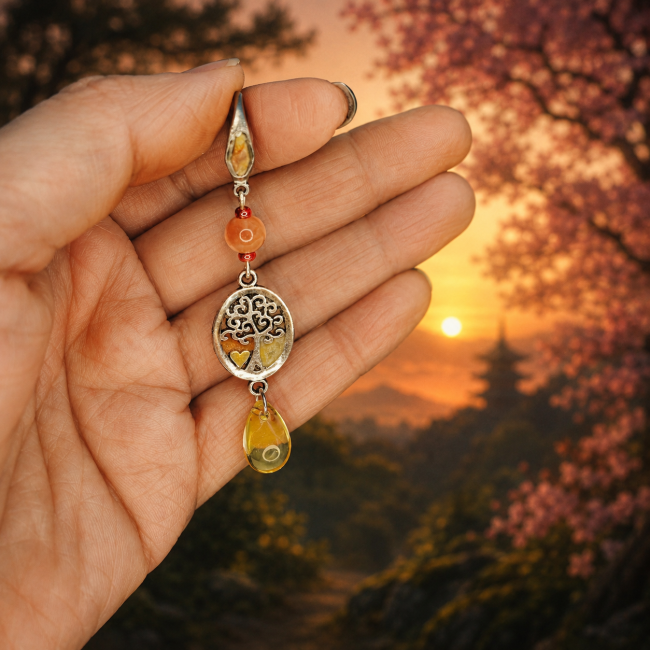Boucle d’oreille Hi no Kodama arbre de vie artisanal japonais Vue rapprochée des boucles d’oreilles Hi no Kodama tenues à la main. Arbre de vie argenté, perles orangées lumineuses et pampille translucide dans un décor inspiré des estampes japonaises.
