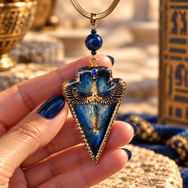 Détail du pendentif artisanal Le Souffle du Ciel, décoré d’ailes inspirées d’Isis et de nuances bleues évoquant le lapis-lazuli.