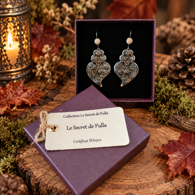 Les boucles d’oreilles Le Secret de Fulla sont présentées dans leur écrin avec leur carte d’identification et leur certificat d’authenticité.
