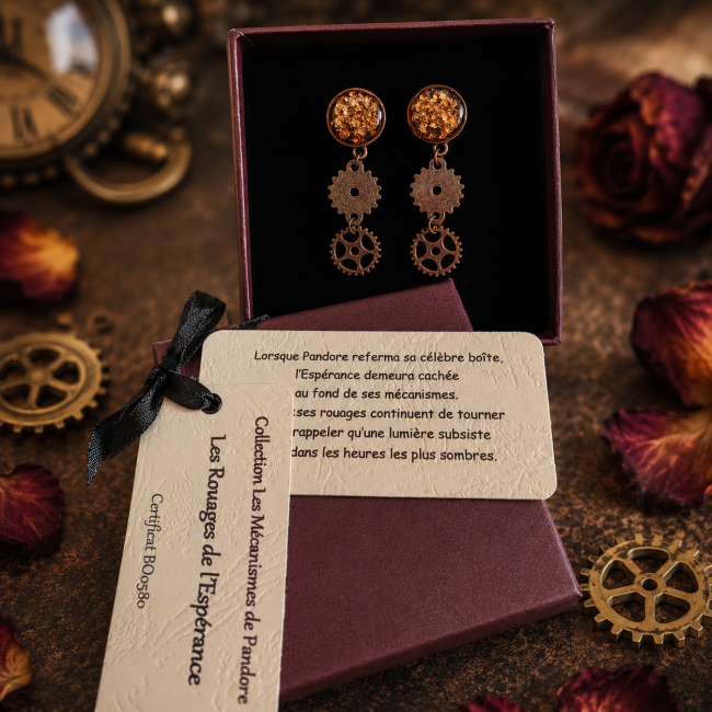 Les Rouages de l'Espérance – Coffret cadeau complet Coffret cadeau des boucles d'oreilles Les Rouages de l'Espérance avec certificat d'authenticité et carte de légende