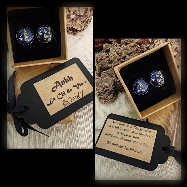 Détails clous d’oreilles Ankh – Face et profil – Création artisanale | Les Fantaisies d'A Boucles d’oreilles Ankh dans leur écrin personnalisé avec carte d’identification numérotée – Collection Égypte Antique