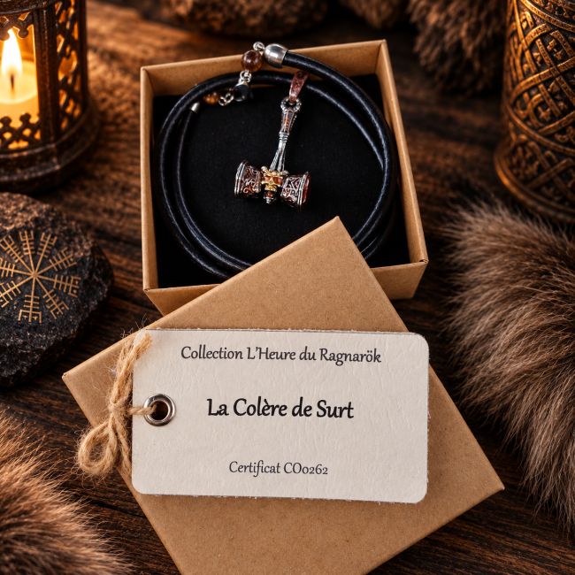 Le collier La Colère de Surtr présenté dans son écrin, accompagné de sa carte d’identification et de son certificat d’authenticité numéroté CO0262.